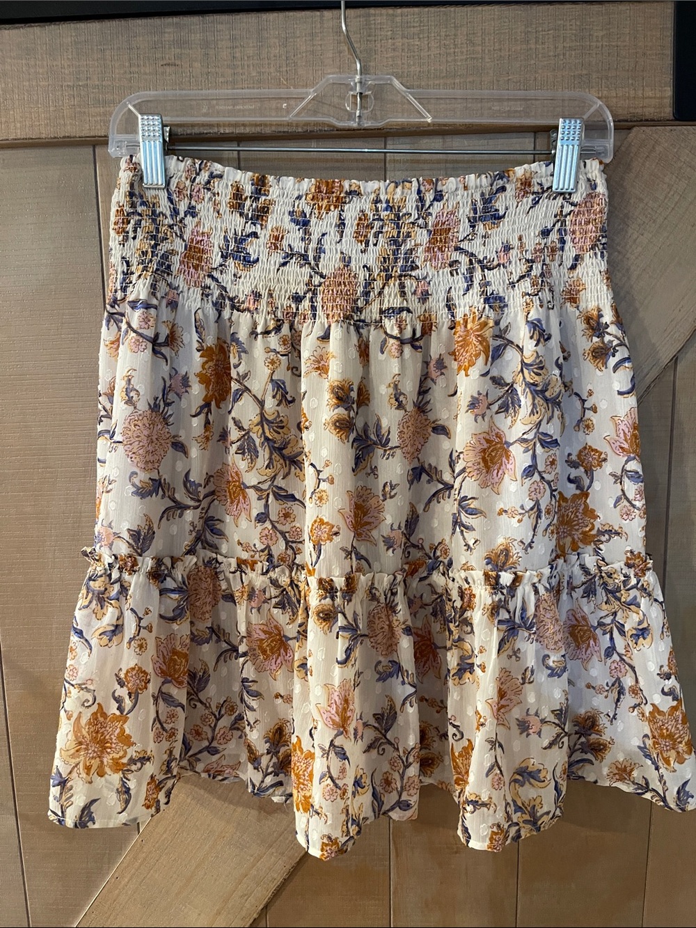 Joie Smocked Waist Floral Tiered Mini Skirt - Cream with Mustard & Blue Floral